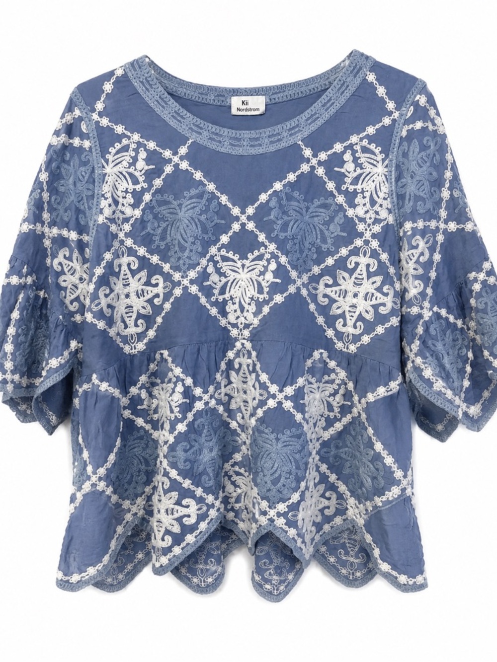 Kindred XL Blue Embroidered Boho Tunic Top Crochet Lace Scallop Hem